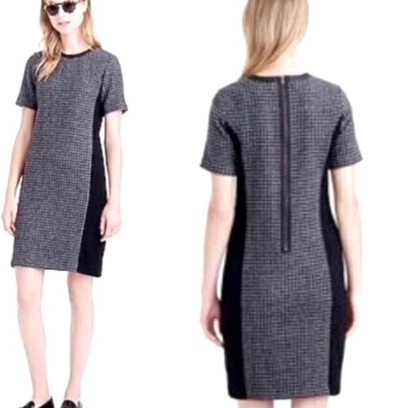 J Crew Womens Gray Black Wool Houndstooth Short Sleeve Dress Leather Trim Size 6 - Picture 1 of 10